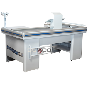 PA 2918 - CHECK-OUT PARA SUPERMERCADO COM PARA-CHOQUE COM APOIO PARA SUPORTE 1600MM - DIREITO - BRANCO BR - FITA AZUL