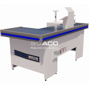 PA 3227 - CHECK-OUT PARA SUPERMERCADO COM PARA-CHOQUE COM APOIO PARA SUPORTE 2000MM - DIREITO - BRANCO BR - FITA AZUL