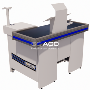 PA 2902 - CHECK-OUT PARA SUPERMERCADO COM PARA-CHOQUE SEM APOIO PARA SUPORTE 1300MM - DIREITO - BRANCO BR - FITA AZUL