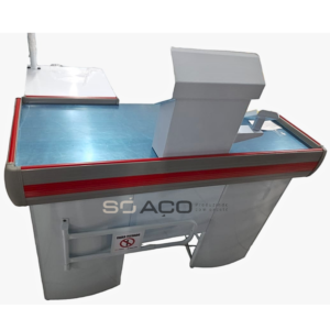 PA 8584 - CHECK-OUT PARA SUPERMERCADO LINHA MASTER COM PARA-CHOQUE SEM APOIO PARA SUPORTE COM GAVETA 1500MM - DIREITO - BRANCO - FITA VERMELHA