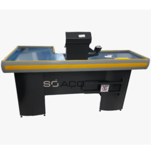 PA 8603 - CHECK-OUT PARA SUPERMERCADO LINHA MASTER COM PARA-CHOQUE COM APOIO PARA SUPORTE COM GAVETA 1800MM - DIREITO - PRETO - FITA AMARELO